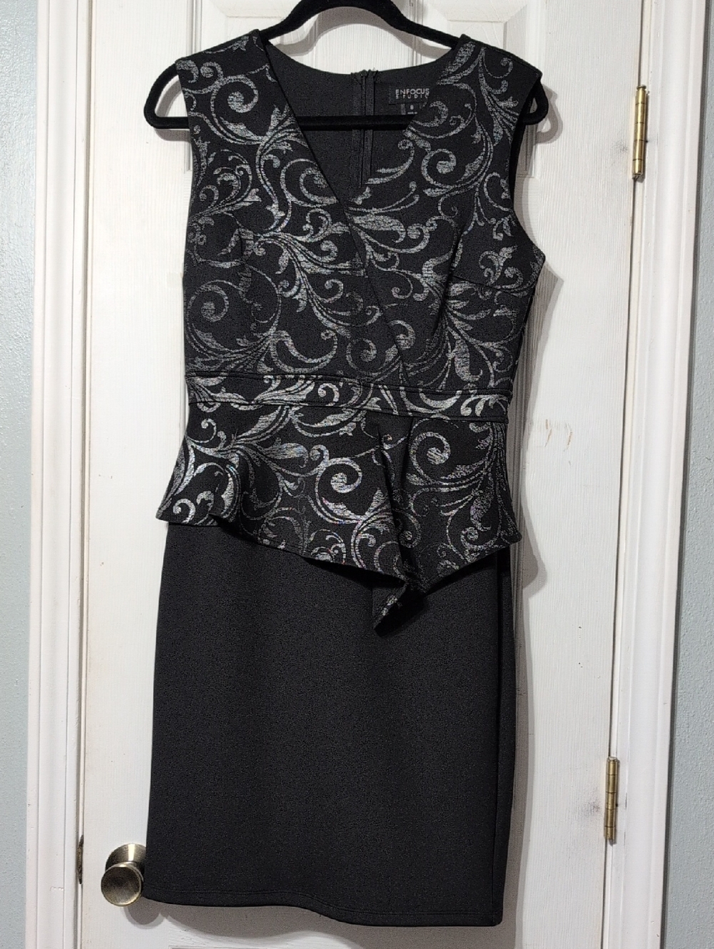 Enfocus Studio Black Dress with Silver Scroll Detail And Peplum
